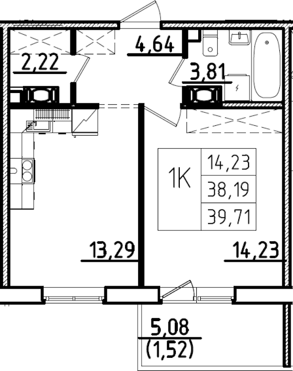 1-комнатная квартира 39.71 м², 5/9 эт., ЖК «IQ Гатчина 3»